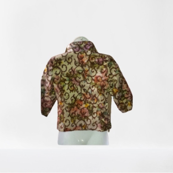 Midi Crop Embroidered Floral Paisley Design Short Sleeve Tan Colorful Sz Small - Picture 2 of 4